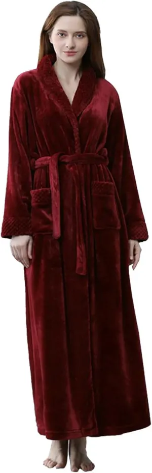 Womens Fleece Hooded Bathrobe Home Plush Thermal Bathrobe Nightgown Bath Robes House Coats for Elderly Plush Long
