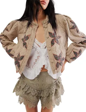 Womens Floral Quilted Puffer Jacket Lightweight Cropped Embroidered Button Down Jacket Padded Coats with Pockets