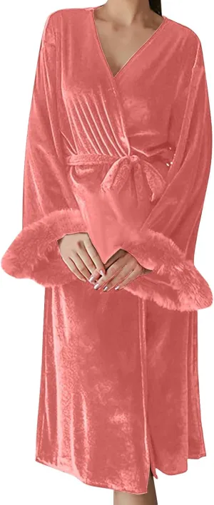 Womens Gold Velvet Bathrobe, Long Sleeve Sleepwear Winter Pajamas Robe Solid Color Nightwear Plus Size Soft Nightgown