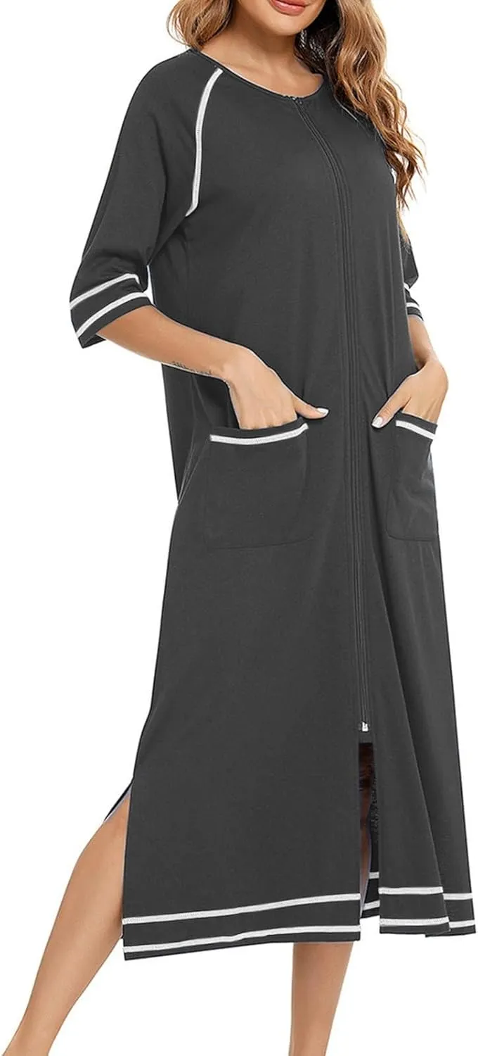 Women's Half Sleeve Zip Front Nightgowns Full Length Striped Robes Loose Housecoat Loungewear Bath Robes with Pockets