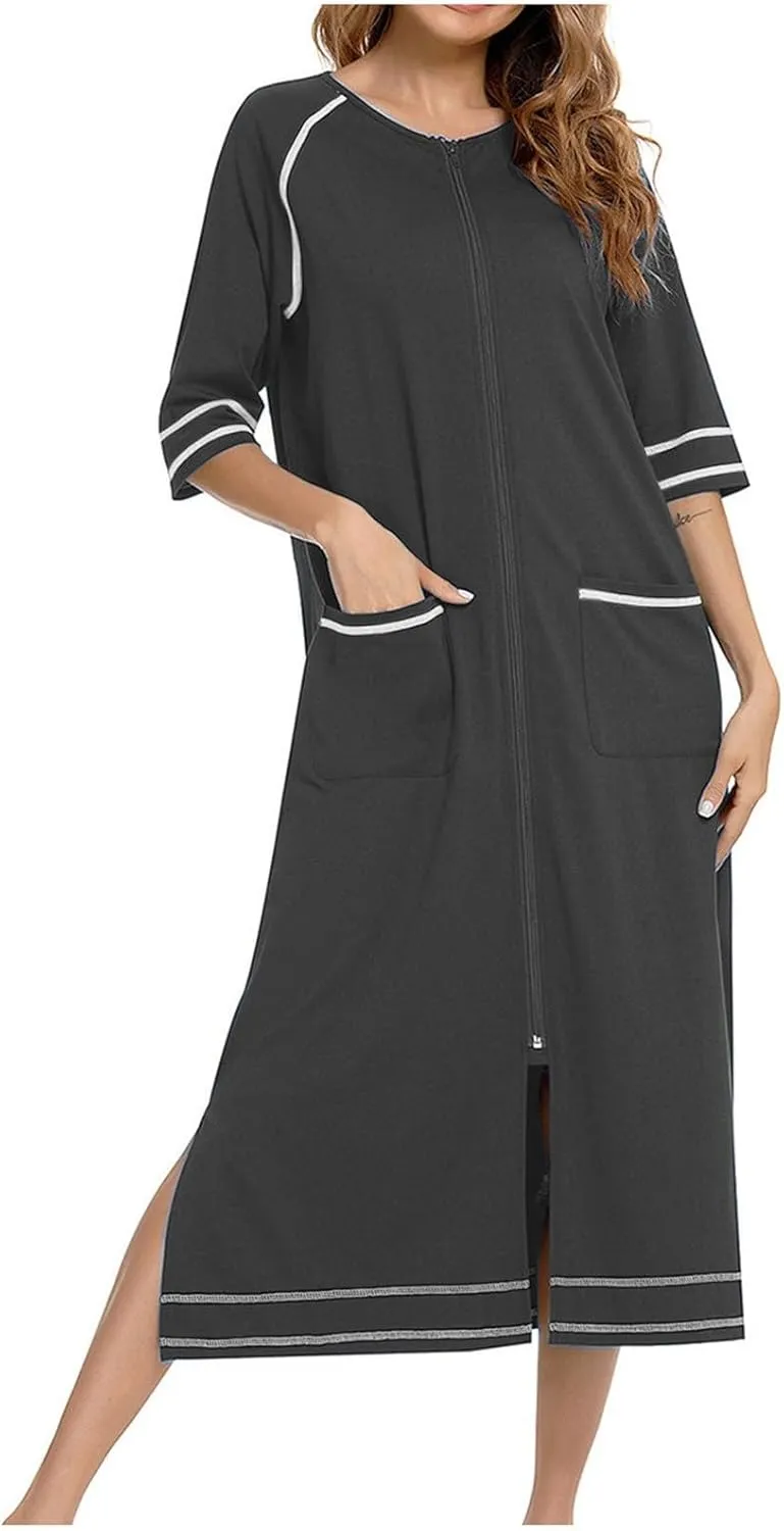 Women's Half Sleeve Zip Front Nightgowns Full Length Striped Robes Loose Housecoat Loungewear Bath Robes with Pockets