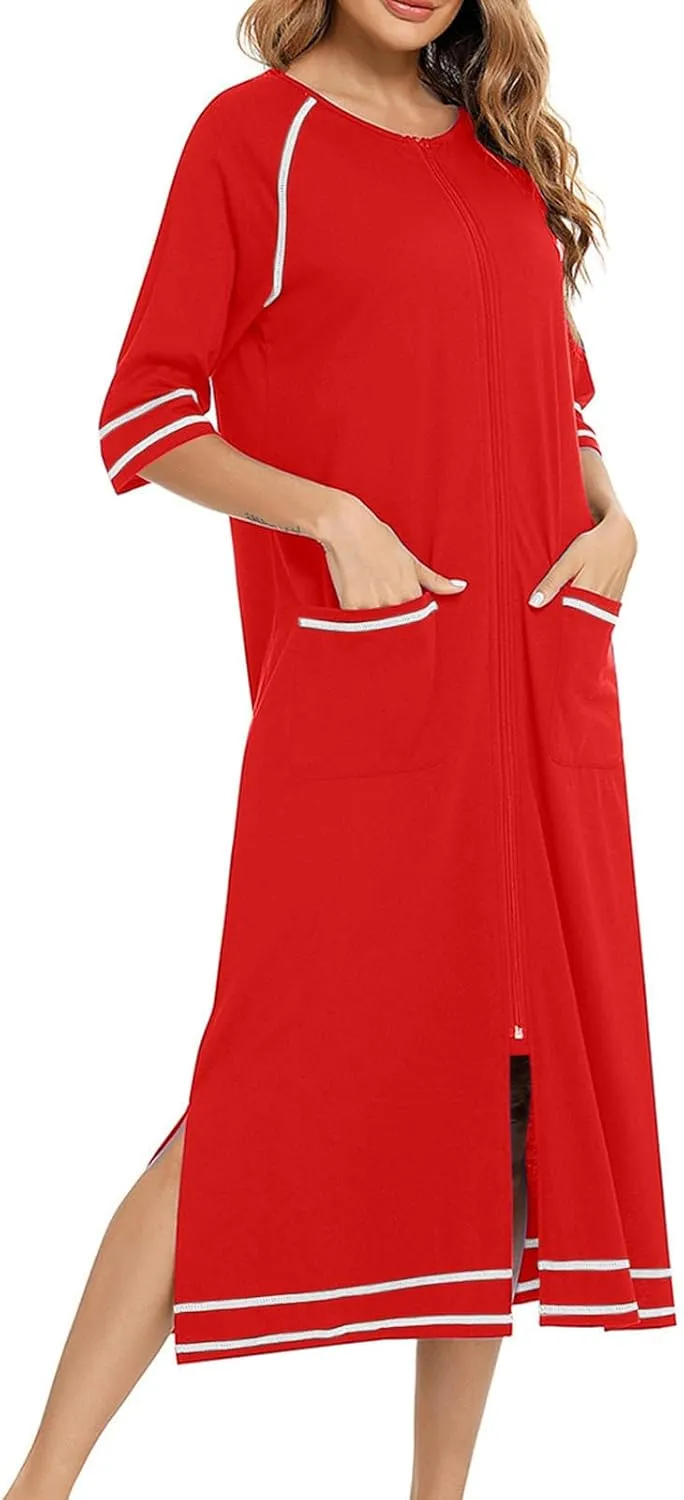 Women's Half Sleeve Zip Front Nightgowns Full Length Striped Robes Loose Housecoat Loungewear Bath Robes with Pockets
