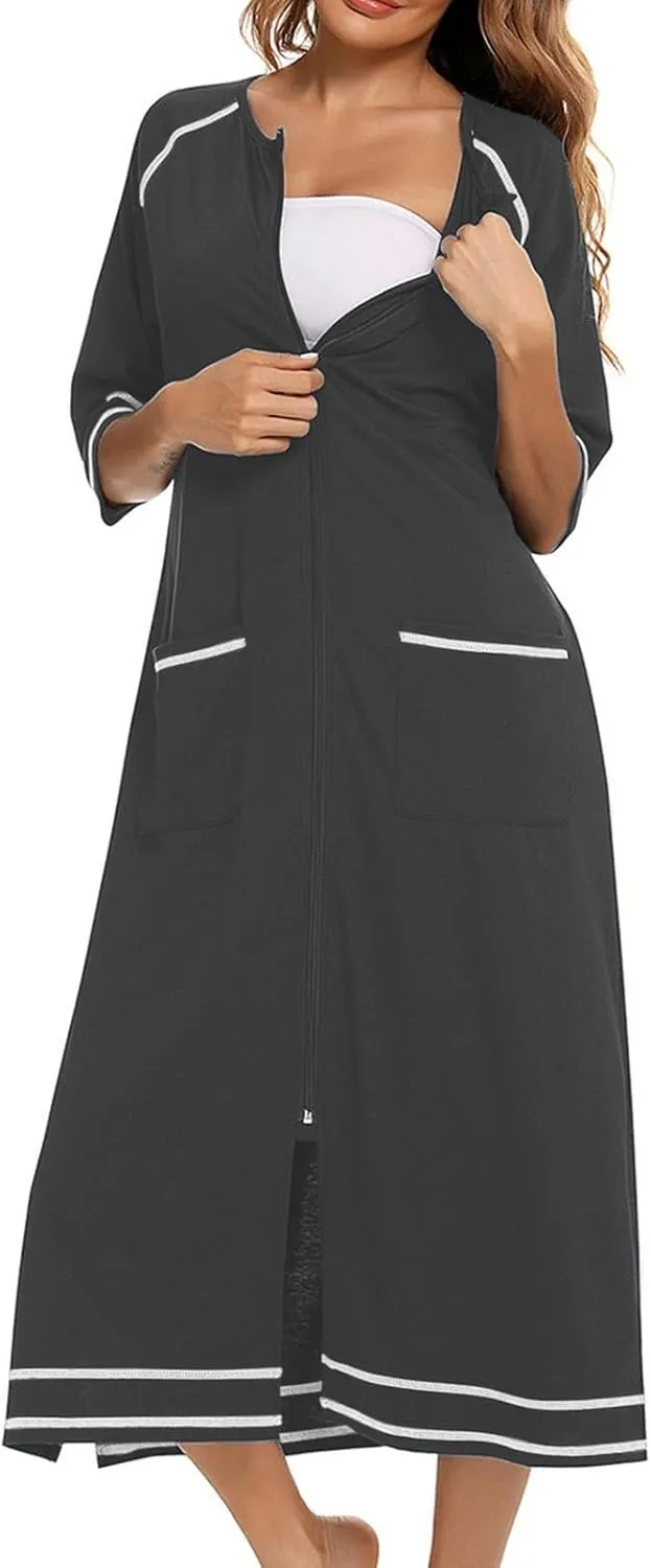 Women's Half Sleeve Zip Front Nightgowns Full Length Striped Robes Loose Housecoat Loungewear Bath Robes with Pockets