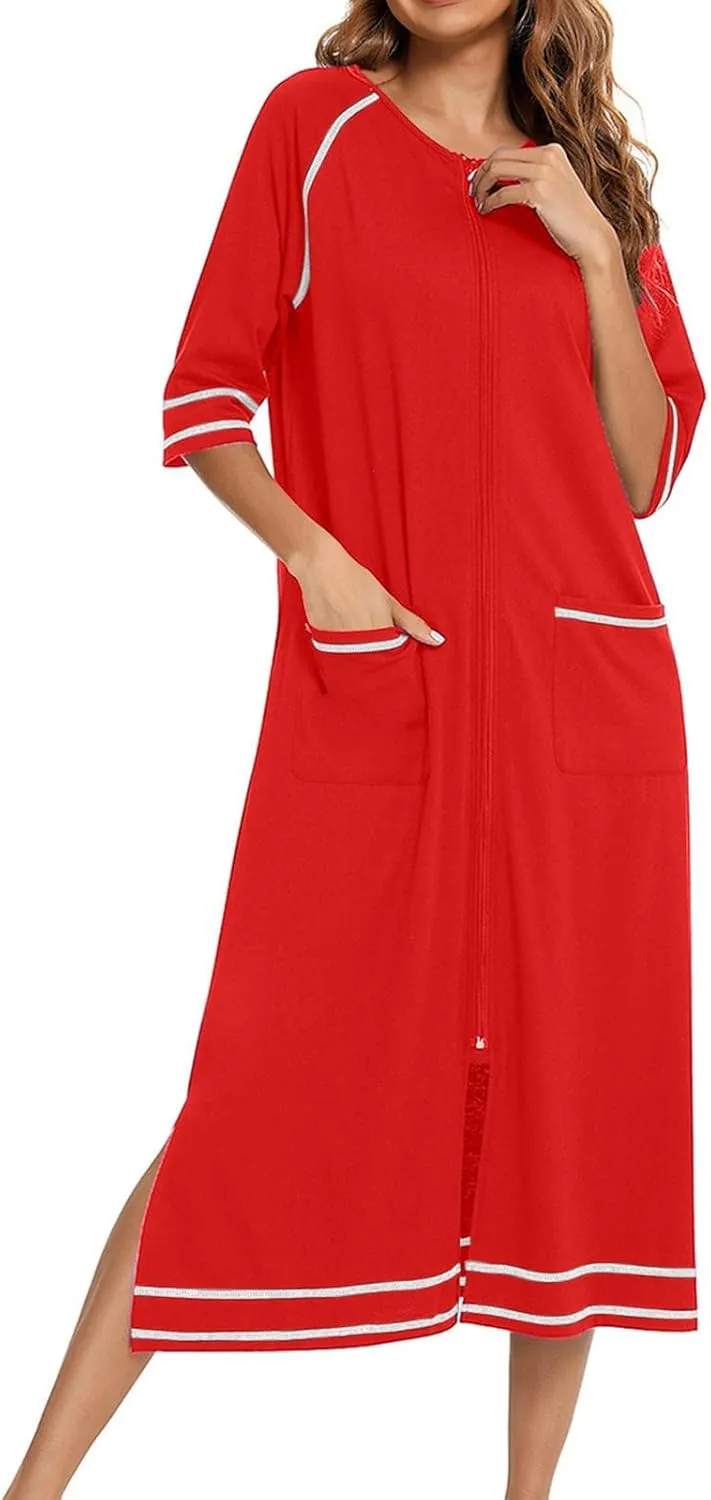 Women's Half Sleeve Zip Front Nightgowns Full Length Striped Robes Loose Housecoat Loungewear Bath Robes with Pockets