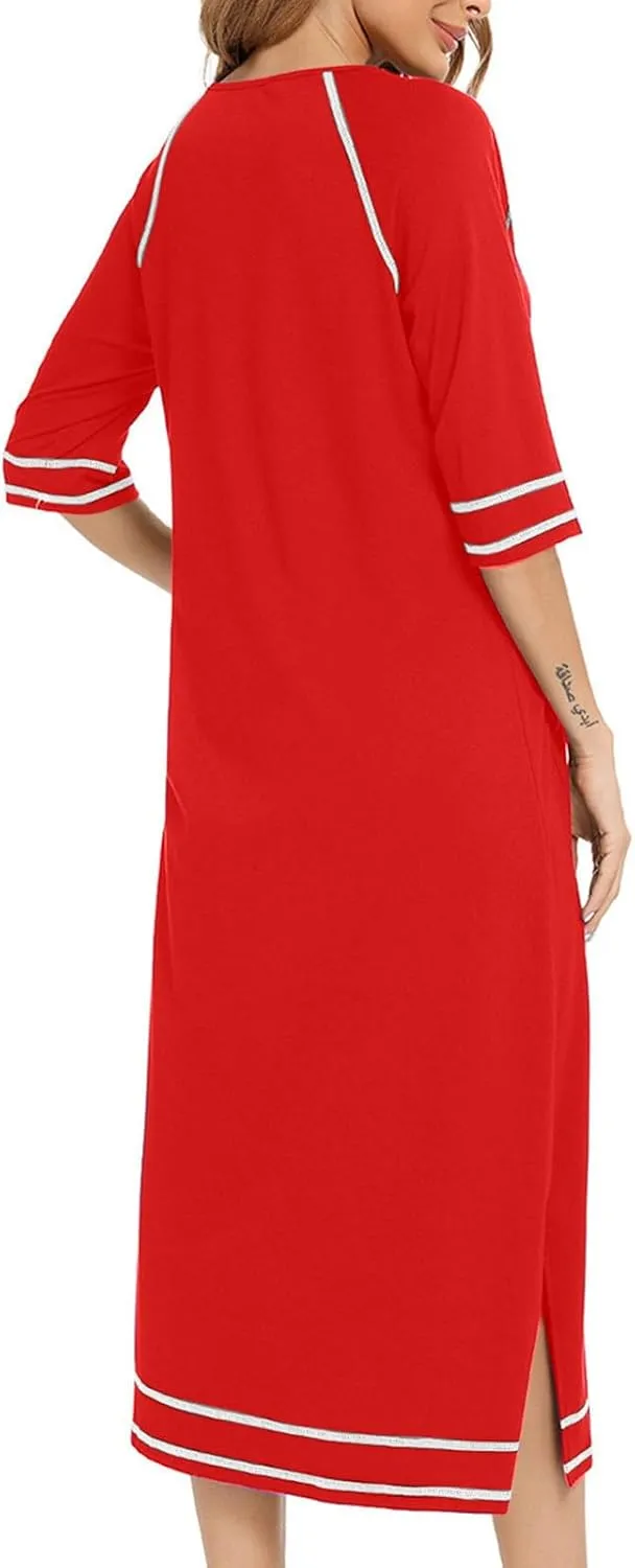 Women's Half Sleeve Zip Front Nightgowns Full Length Striped Robes Loose Housecoat Loungewear Bath Robes with Pockets