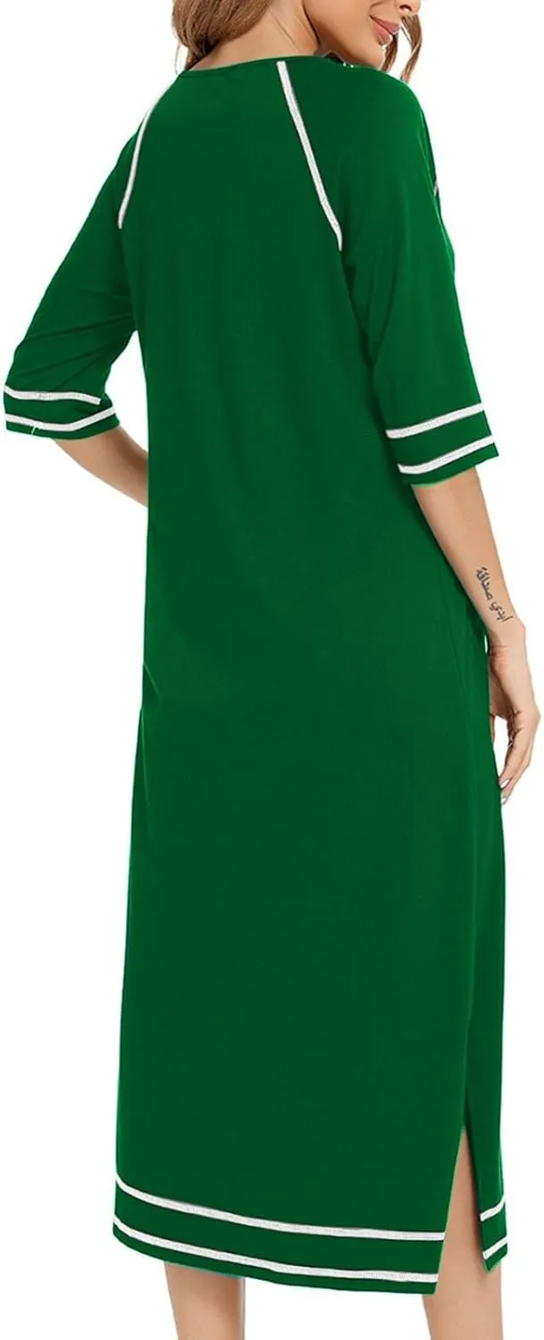 Women's Half Sleeve Zip Front Nightgowns Full Length Striped Robes Loose Housecoat Loungewear Bath Robes with Pockets
