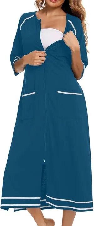 Women's Half Sleeve Zip Front Nightgowns Full Length Striped Robes Loose Housecoat Loungewear Bath Robes with Pockets