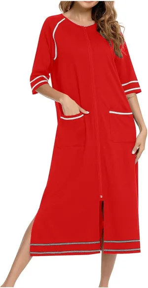Women's Half Sleeve Zip Front Nightgowns Full Length Striped Robes Loose Housecoat Loungewear Bath Robes with Pockets
