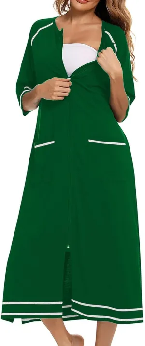 Women's Half Sleeve Zip Front Nightgowns Full Length Striped Robes Loose Housecoat Loungewear Bath Robes with Pockets