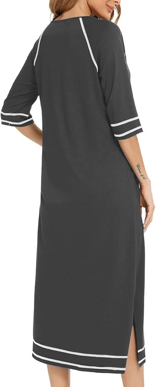 Women's Half Sleeve Zip Front Nightgowns Full Length Striped Robes Loose Housecoat Loungewear Bath Robes with Pockets