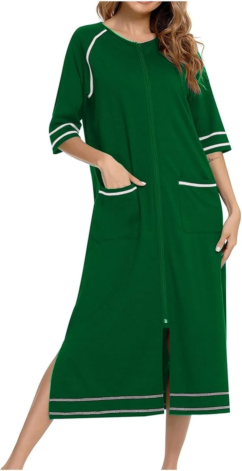 Women's Half Sleeve Zip Front Nightgowns Full Length Striped Robes Loose Housecoat Loungewear Bath Robes with Pockets
