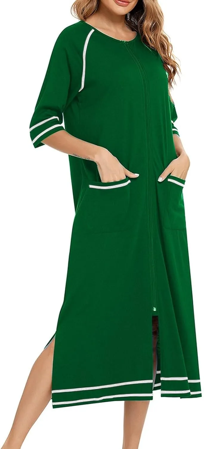 Women's Half Sleeve Zip Front Nightgowns Full Length Striped Robes Loose Housecoat Loungewear Bath Robes with Pockets