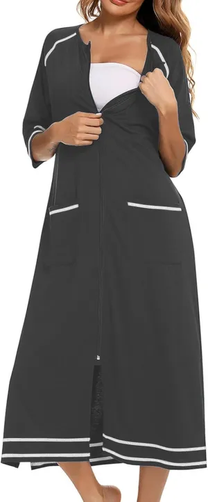 Women's Half Sleeve Zip Front Nightgowns Full Length Striped Robes Loose Housecoat Loungewear Bath Robes with Pockets