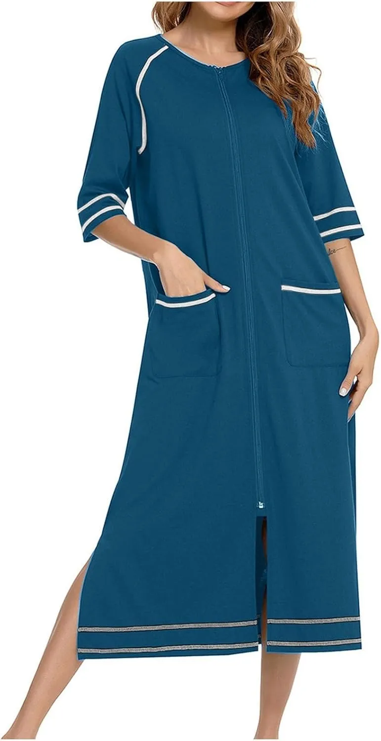 Women's Half Sleeve Zip Front Nightgowns Full Length Striped Robes Loose Housecoat Loungewear Bath Robes with Pockets