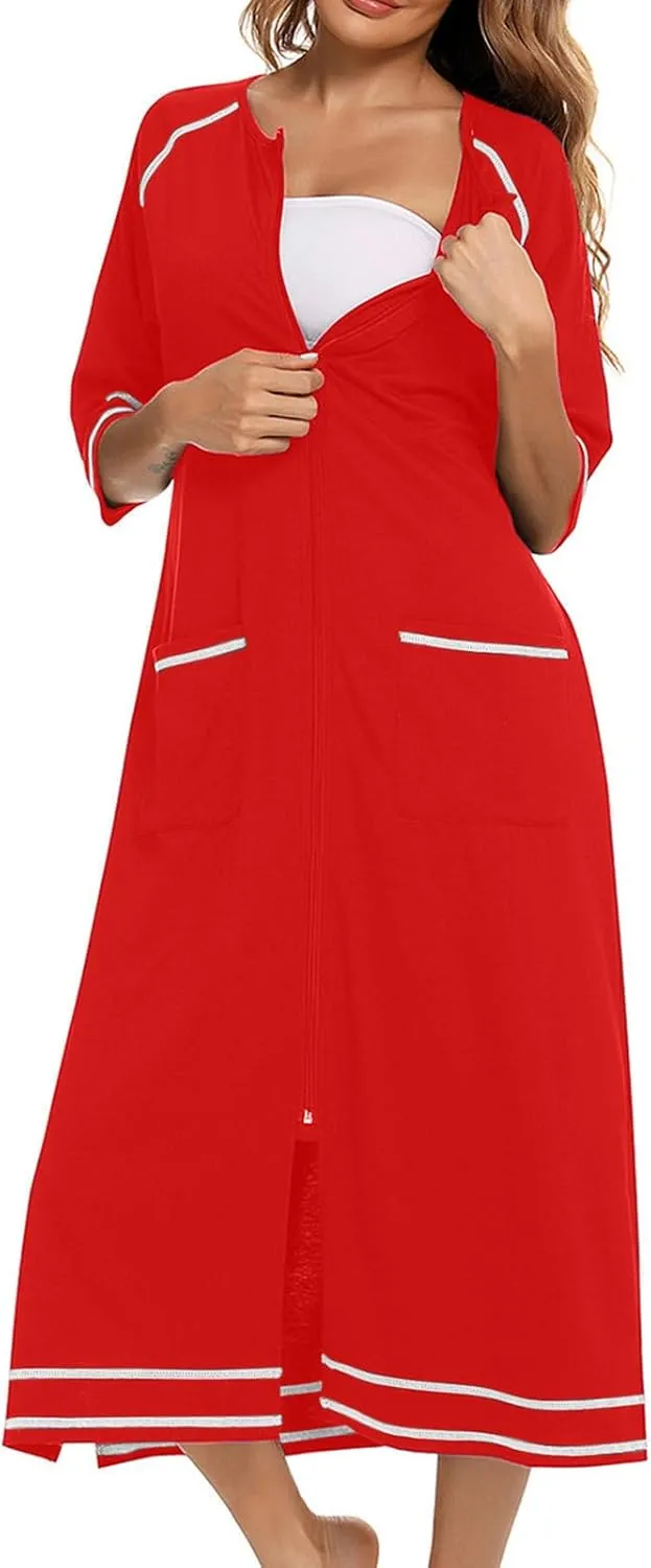 Women's Half Sleeve Zip Front Nightgowns Full Length Striped Robes Loose Housecoat Loungewear Bath Robes with Pockets