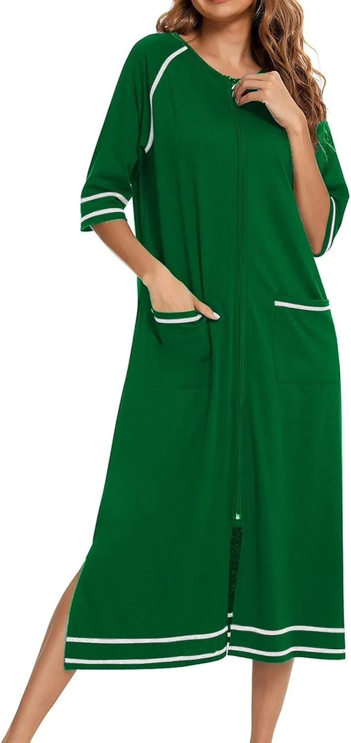 Women's Half Sleeve Zip Front Nightgowns Full Length Striped Robes Loose Housecoat Loungewear Bath Robes with Pockets