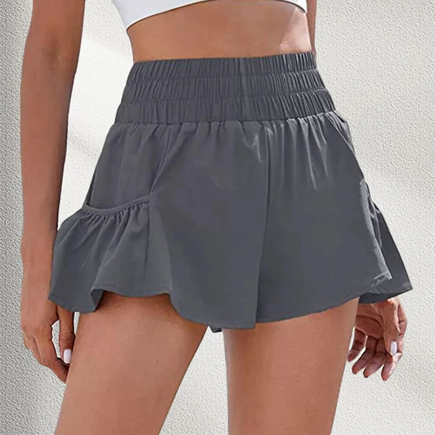 Womens High Waisted Gym Shorts Quick Dry Elastic Waist Running Workout Athletic Shorts Trendy Flowy Pockets Shorts