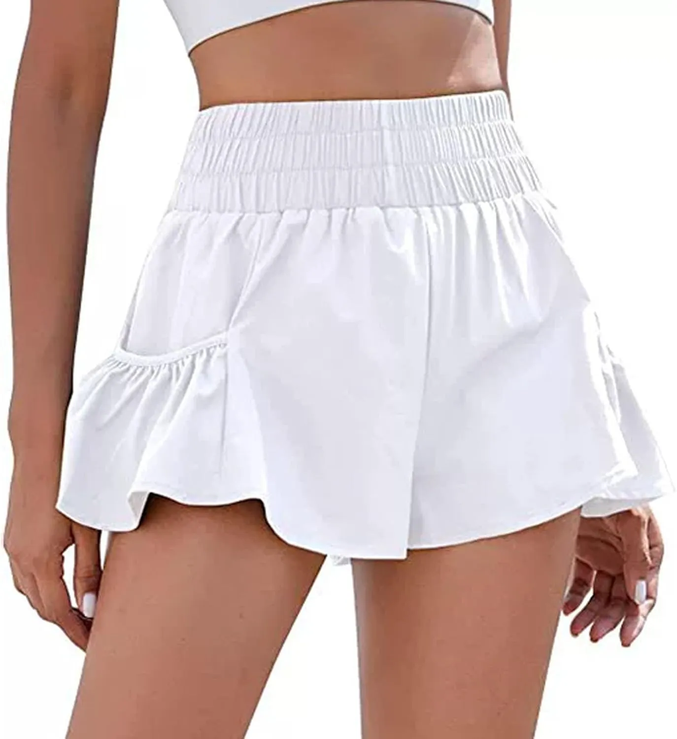 Womens High Waisted Gym Shorts Quick Dry Elastic Waist Running Workout Athletic Shorts Trendy Flowy Pockets Shorts