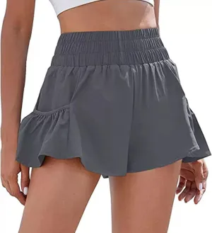 Womens High Waisted Gym Shorts Quick Dry Elastic Waist Running Workout Athletic Shorts Trendy Flowy Pockets Shorts