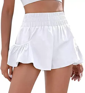 Womens High Waisted Gym Shorts Quick Dry Elastic Waist Running Workout Athletic Shorts Trendy Flowy Pockets Shorts