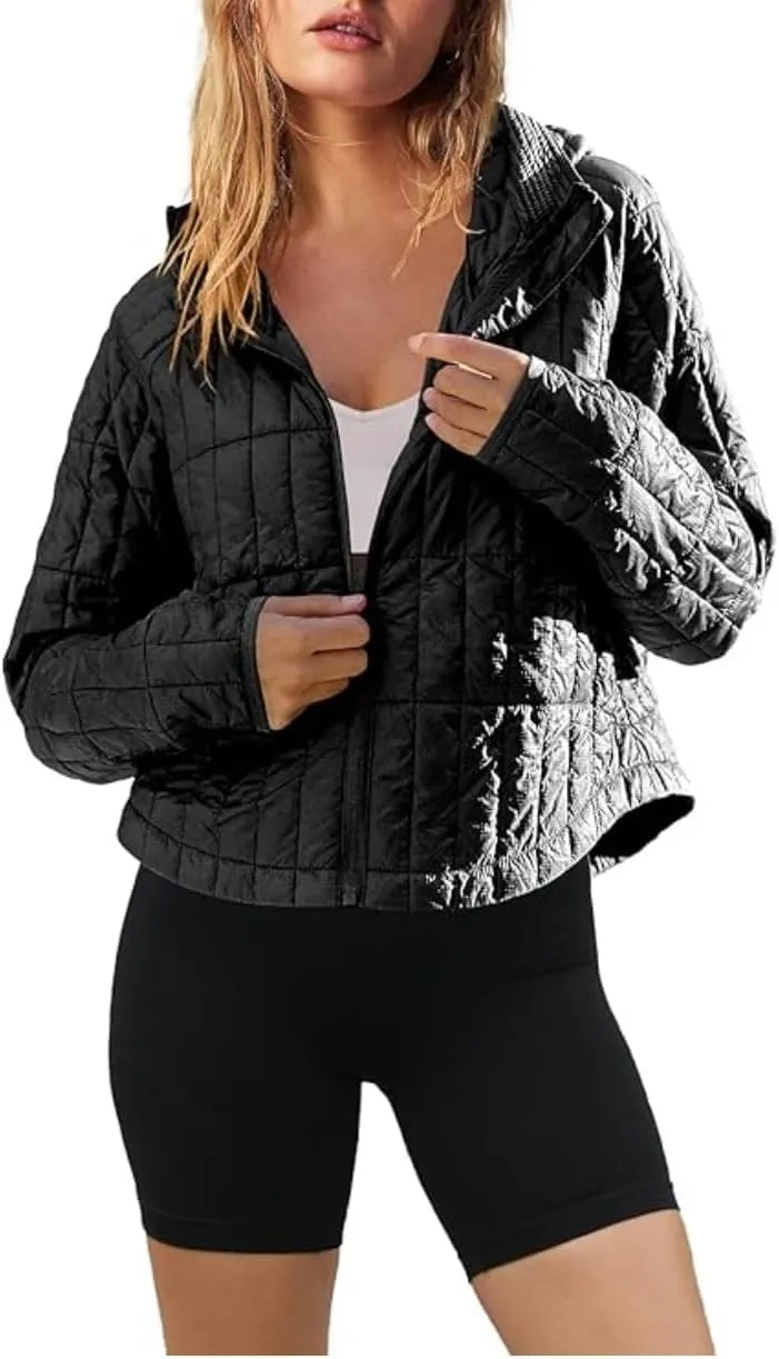 Womens Hooded Puffer Jacket Feather Packable Quilted Jackets Lightweight Zipper Padded Coat with Pockets
