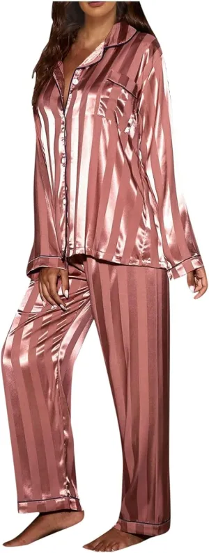 Women's House Dress Wide Strip Home Service Set Sleep Cardigan Long Sleeve Set Shirts