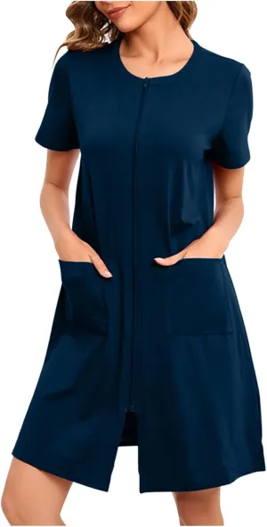 Womens Housecoat Zip Up Robes Short Sleeve Pajamas Dress Comfy Loose Nightdress with Pockets Casual Nightgowns