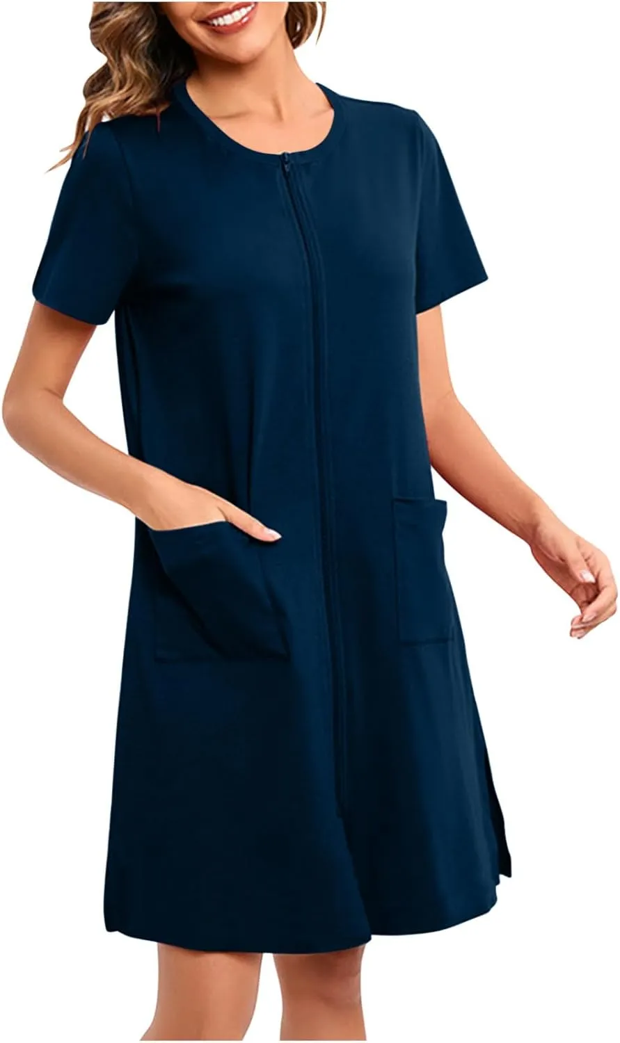 Womens Housecoat Zip Up Robes Short Sleeve Pajamas Dress Comfy Loose Nightdress with Pockets Casual Nightgowns