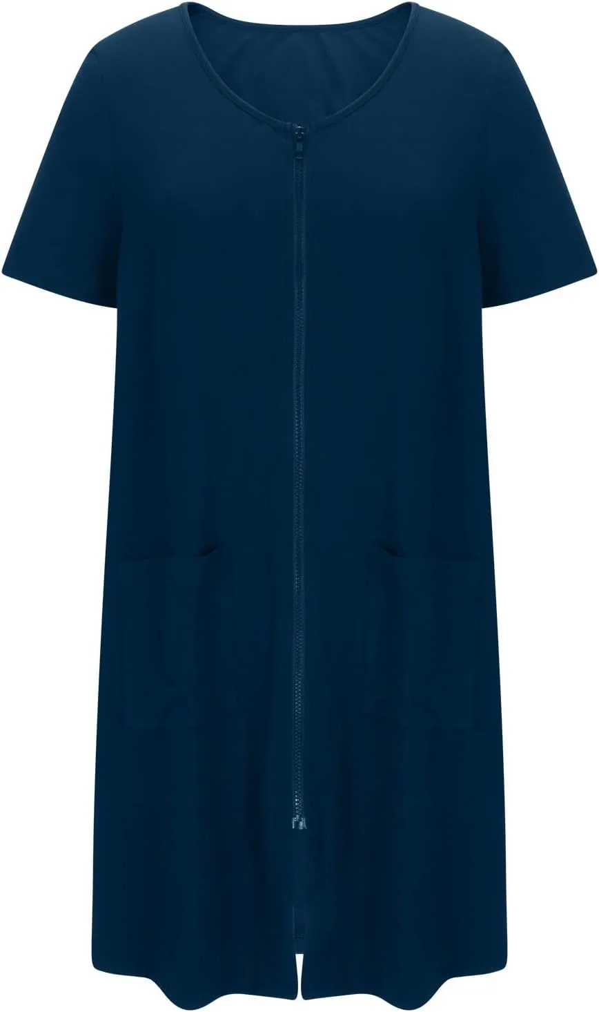 Womens Housecoat Zip Up Robes Short Sleeve Pajamas Dress Comfy Loose Nightdress with Pockets Casual Nightgowns