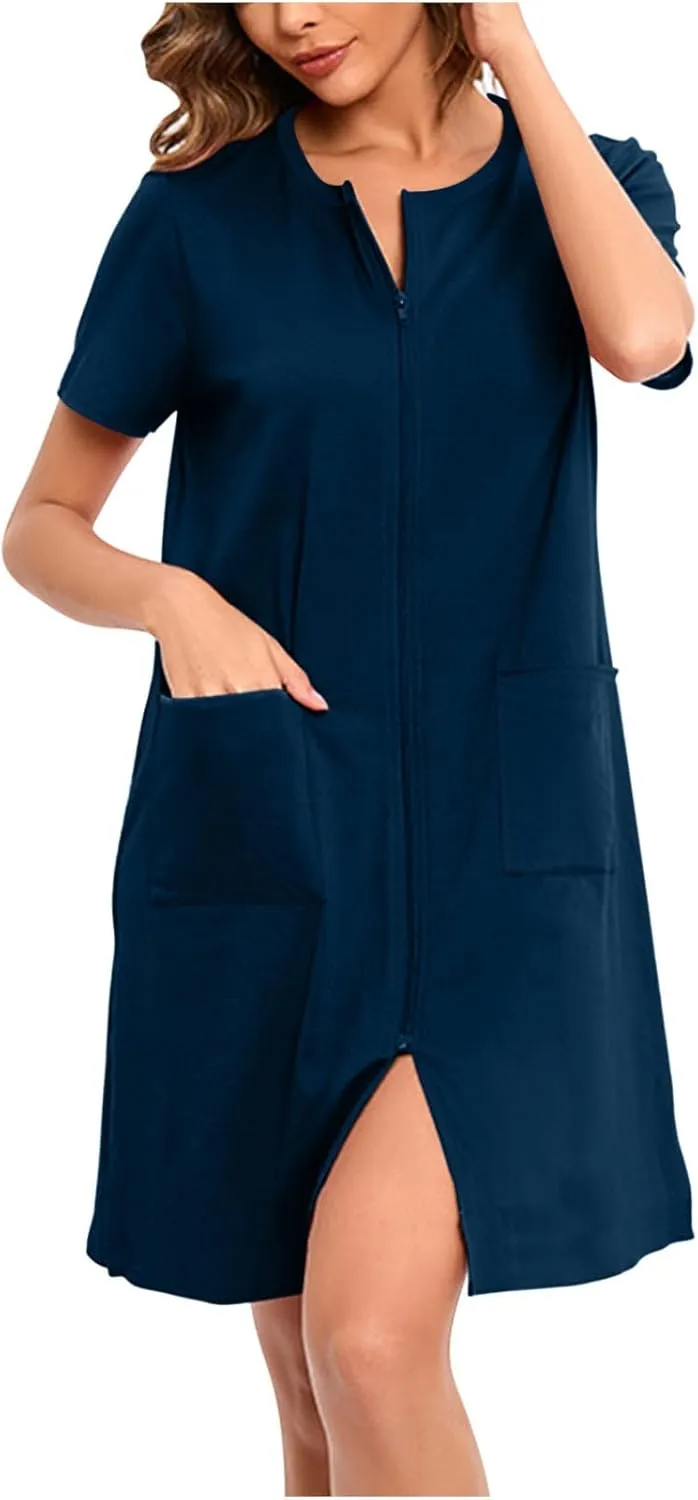 Womens Housecoat Zip Up Robes Short Sleeve Pajamas Dress Comfy Loose Nightdress with Pockets Casual Nightgowns