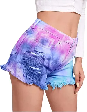 Women's Juniors Ripped Tie-dye Denim Jean Shorts High Waisted Raw Hem Hot Shorts Summer Stretchy Distressed Denim Shorts