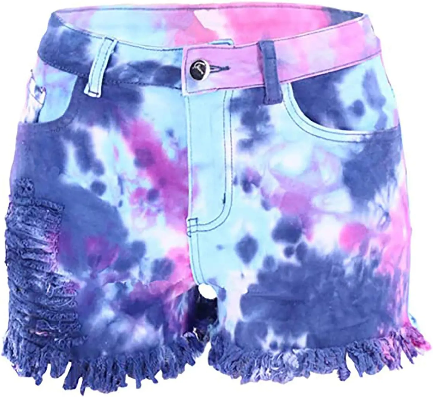 Women's Juniors Ripped Tie-dye Denim Jean Shorts High Waisted Raw Hem Hot Shorts Summer Stretchy Distressed Denim Shorts