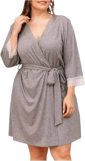 Womens Lace Bathrobe, Pajamas Robe Long Sleeved Sleepwear Loose Round Neck Nightdress Plus Size Solid Color Nightgown