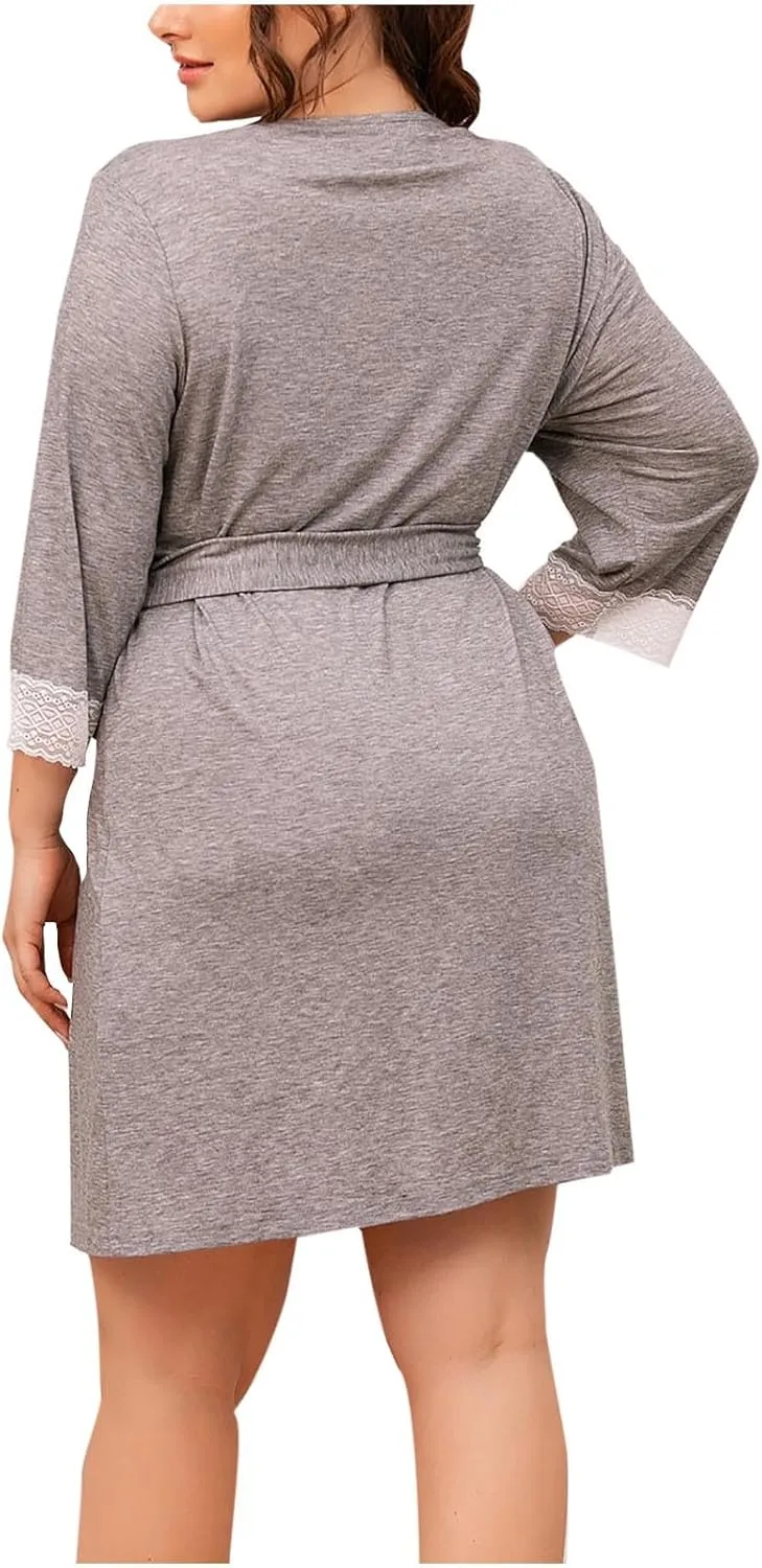 Womens Lace Bathrobe, Pajamas Robe Long Sleeved Sleepwear Loose Round Neck Nightdress Plus Size Solid Color Nightgown