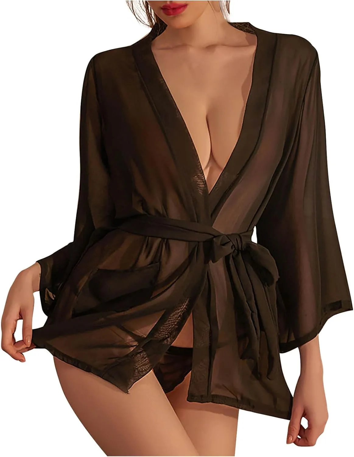 Women's Lace Bathrobe Set See-Through Pajamas Robe V-Neck Sleepwear Long Sleeve Nightgown Thong Solid Color Nightwear