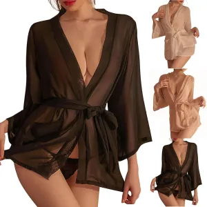 Women's Lace Bathrobe Set See-Through Pajamas Robe V-Neck Sleepwear Long Sleeve Nightgown Thong Solid Color Nightwear