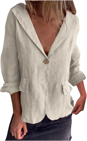 Womens Lightweight Linen Blazer 2025 Spring 3/4 Sleeve Summer Blazer Solid Color Basic Jackets