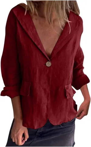 Womens Lightweight Linen Blazer 2025 Spring 3/4 Sleeve Summer Blazer Solid Color Basic Jackets