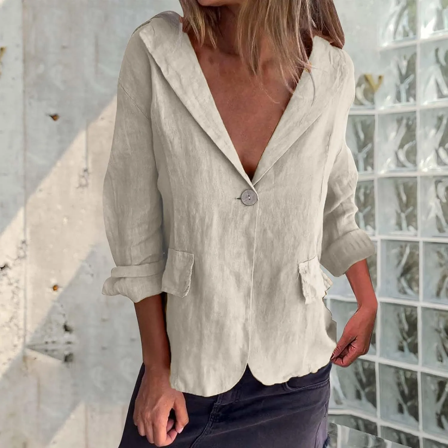 Womens Lightweight Linen Blazer 2025 Spring 3/4 Sleeve Summer Blazer Solid Color Basic Jackets