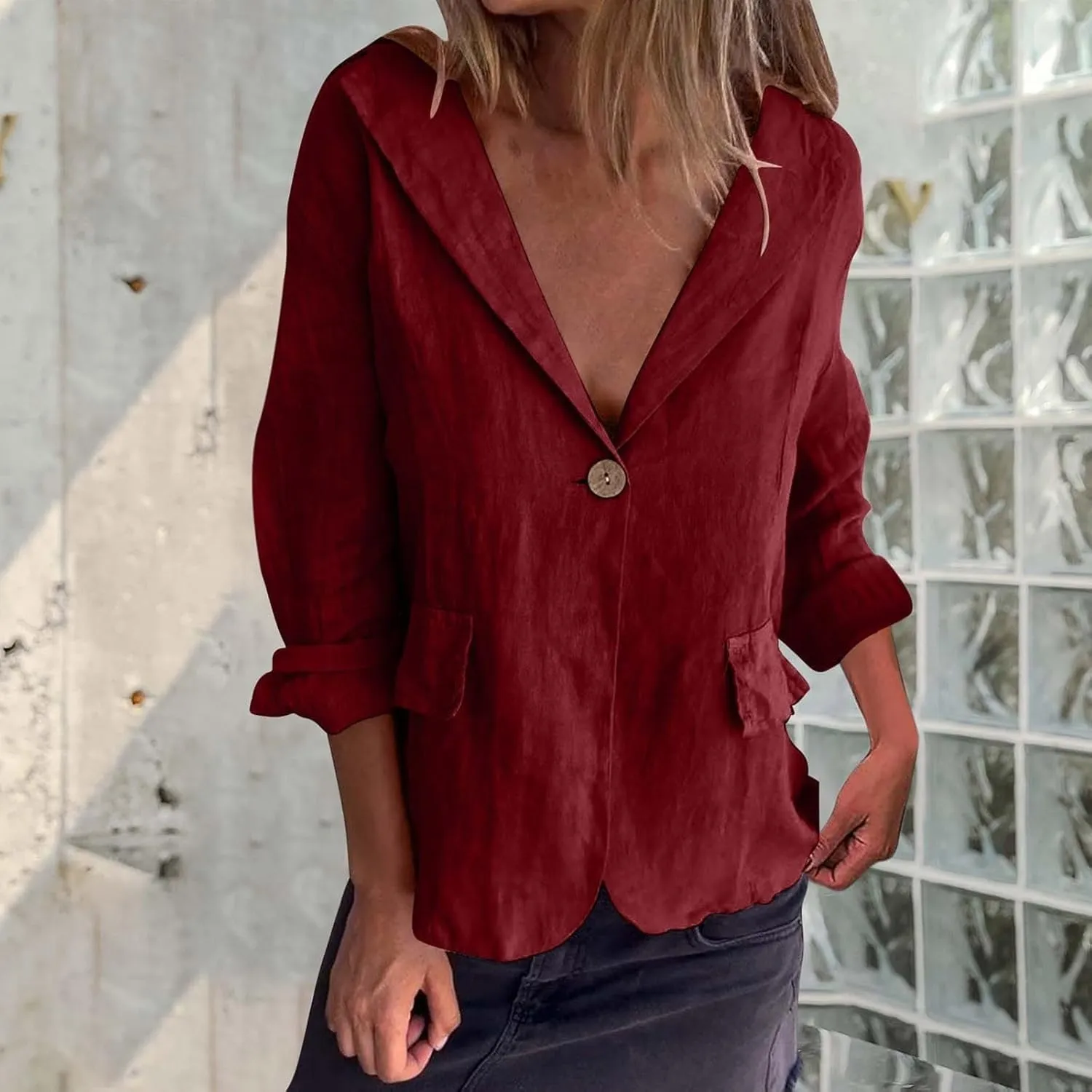 Womens Lightweight Linen Blazer 2025 Spring 3/4 Sleeve Summer Blazer Solid Color Basic Jackets