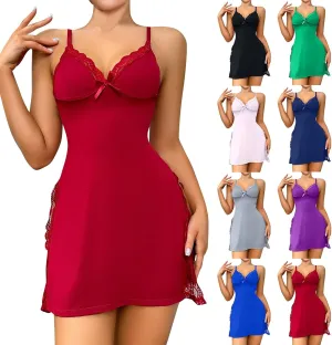 Women's Lingerie Lace Chemise Sexy Nightgown Modal Spaghetti Strap Babydoll Side Slit Sleepwear