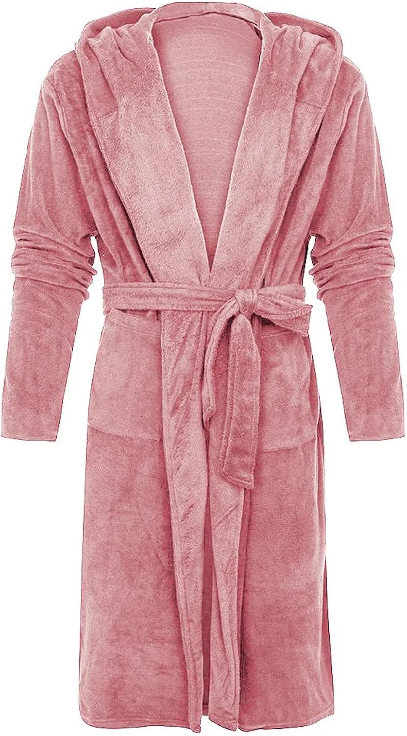 Womens Long Hooded Bathrobe Plush Plus Size Belt Robe Soft Warm Kimono Pajamas with Pockets Hood Winter Nightgown