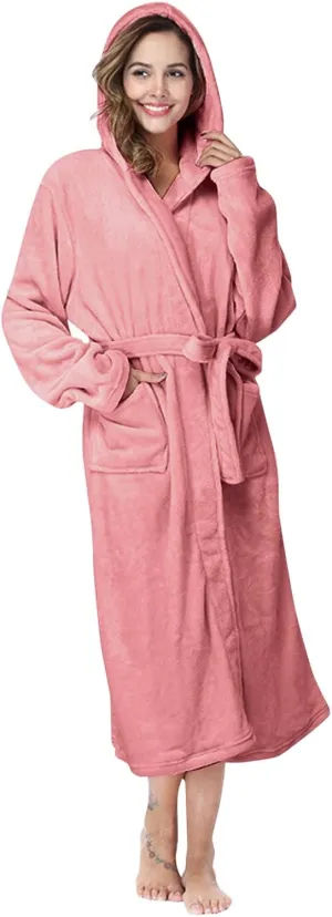 Womens Long Hooded Bathrobe Plush Plus Size Belt Robe Soft Warm Kimono Pajamas with Pockets Hood Winter Nightgown