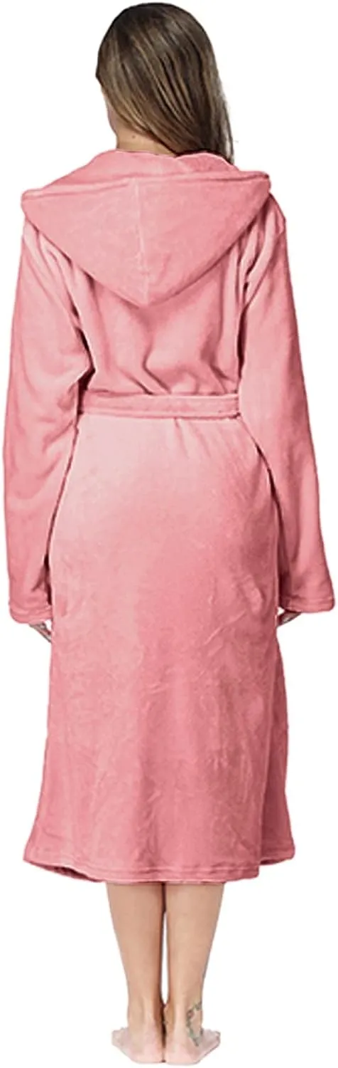 Womens Long Hooded Bathrobe Plush Plus Size Belt Robe Soft Warm Kimono Pajamas with Pockets Hood Winter Nightgown