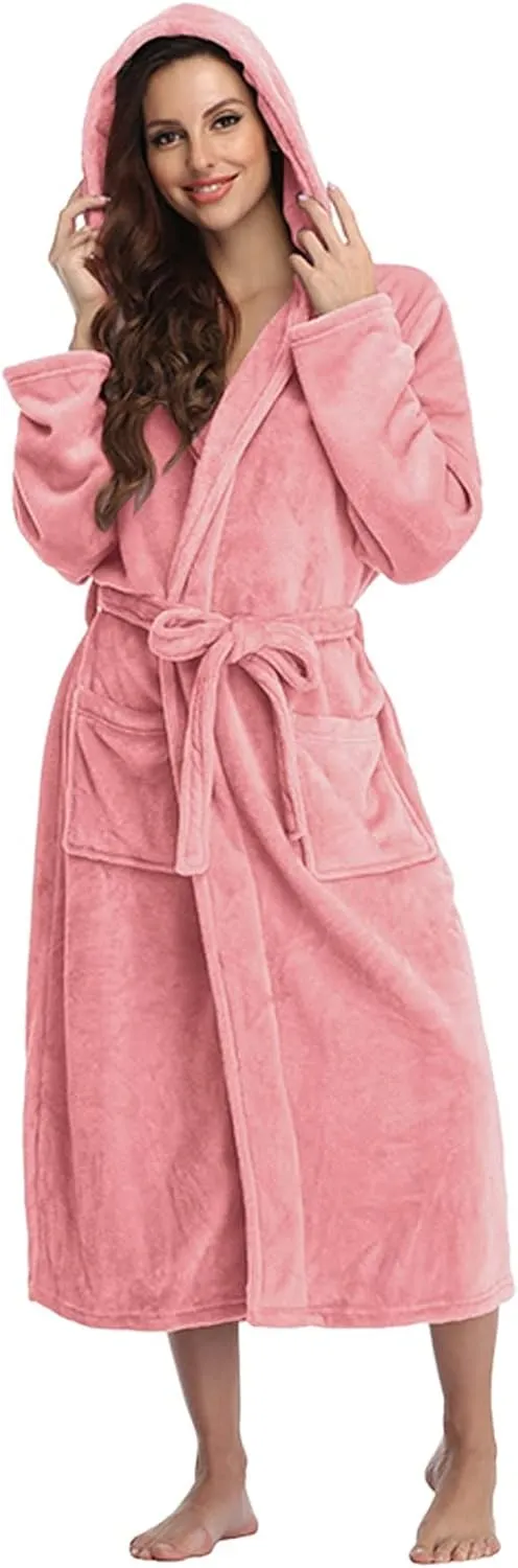 Womens Long Hooded Bathrobe Plush Plus Size Belt Robe Soft Warm Kimono Pajamas with Pockets Hood Winter Nightgown