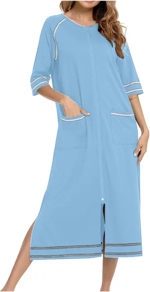 Women's Long House Dress Zipper Loungewear 3/4 Sleeve Zip Up Robes Full Length Sleepwear Nightgown with Pockets