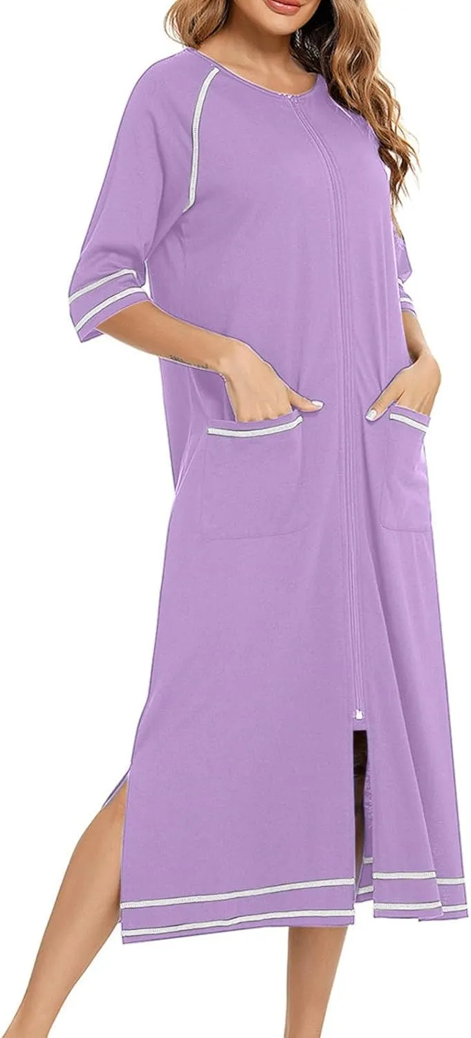 Women's Long House Dress Zipper Loungewear 3/4 Sleeve Zip Up Robes Full Length Sleepwear Nightgown with Pockets