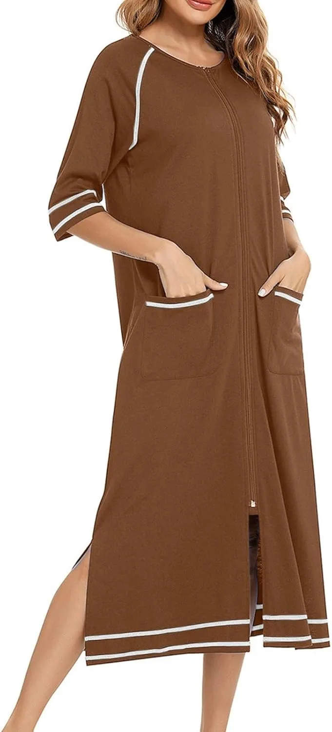 Women's Long House Dress Zipper Loungewear 3/4 Sleeve Zip Up Robes Full Length Sleepwear Nightgown with Pockets