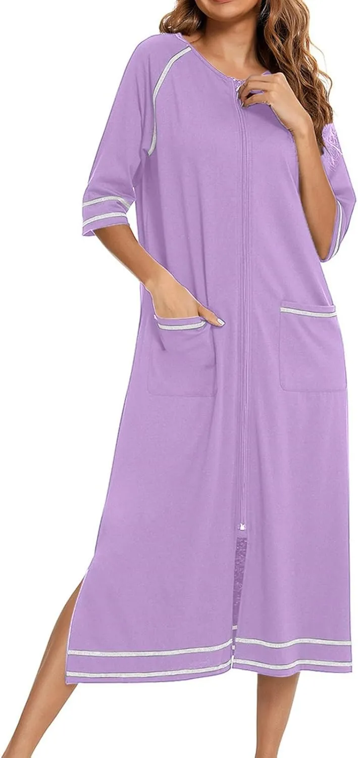 Women's Long House Dress Zipper Loungewear 3/4 Sleeve Zip Up Robes Full Length Sleepwear Nightgown with Pockets