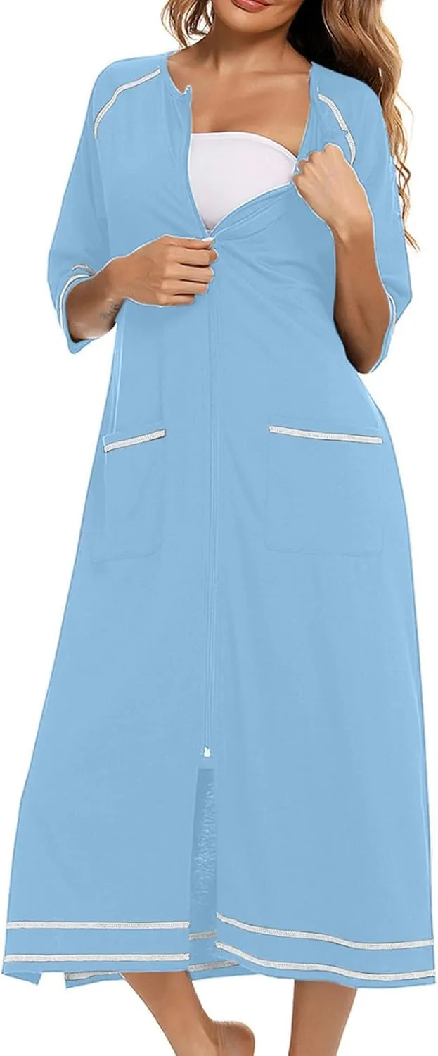 Women's Long House Dress Zipper Loungewear 3/4 Sleeve Zip Up Robes Full Length Sleepwear Nightgown with Pockets